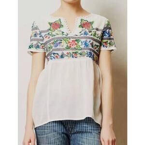 Anthropologie Vanessa Virginia Moineau Bouquet Embroidery Short Sleeve Top 0p XS